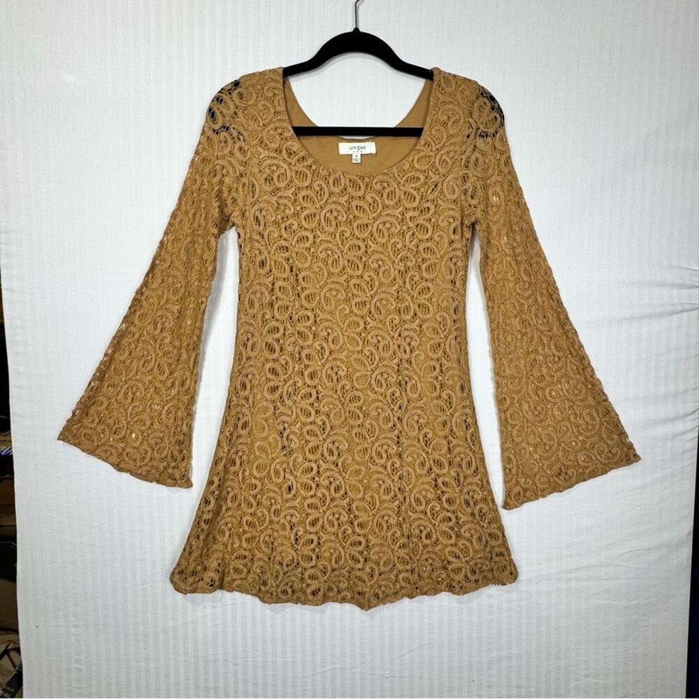 Umgee USA Tan Lace Bell Sleeve Mini Dress Size Medium Western Boho Flare Chic